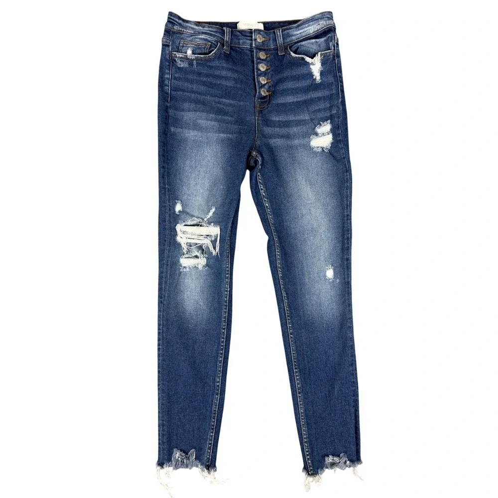 Vervet Blue Distressed High Rise Skinny Jeans Dark Wash Button Fly Size 29 T5023